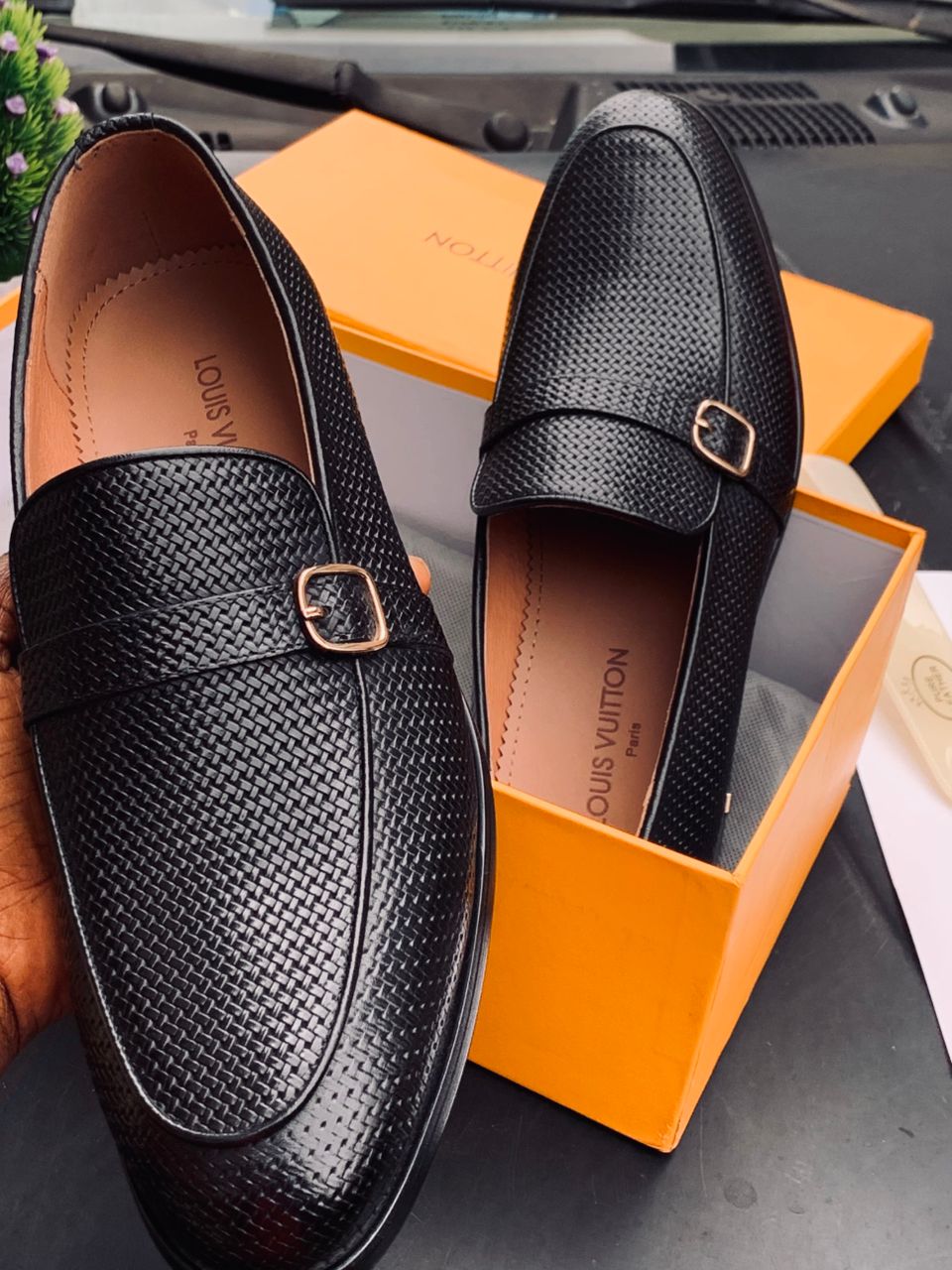 Textured Black Buckle Loafers – Louis-Inspired Designer Finish